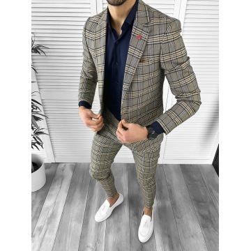 Costum barbati  slim fit in carouri sacou + pantaloni 10268 D4-1.3