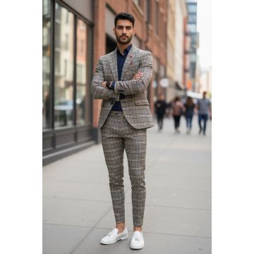 Costum barbati  slim fit in carouri sacou + pantaloni 10268 D4-3.1