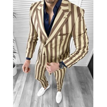 Costum barbati  slim fit in carouri sacou + pantaloni bej 1047   i16-5.3