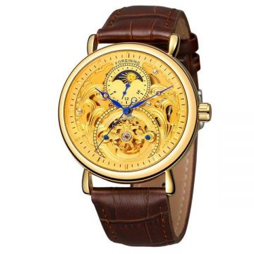 Ceas barbatesc Forsining Gold Skeleton Moon Phase(arata noapte/zi) mecanism automatic curea din piele maro stil Fashion + cutie cadou