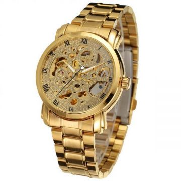 Ceas barbatesc Winner Gold Schelet automatic model 2018 curea din otel inoxidabil stil Fashion + cutie cadou