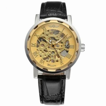 Ceas barbatesc Winner model 2018 schelet Gold curea din piele neagra mecanism automatic-mecanic stil Fashion + cutie cadou