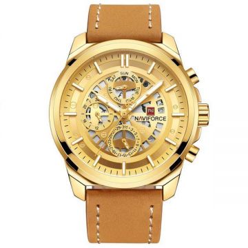 Ceas Naviforce Gold model 2018 mecanism Quartz rezistent la apa 3ATM curea din piele maro autentica stil Fashion + cutie cadou