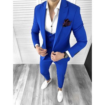Costum barbati albastru slim fit in sacou + pantaloni + vesta 11706 I13-4.3