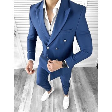 Costum barbati bleumarin slim fit in sacou + pantaloni 11711 P18-3.1