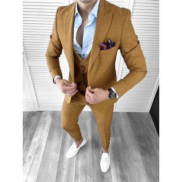 Costum barbati maro slim fit in sacou + pantaloni + vesta 11779 P18-4.2