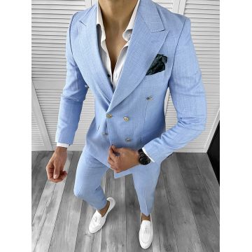 Costum barbati turcoaz slim fit in sacou + pantaloni 11710 P20-3.3