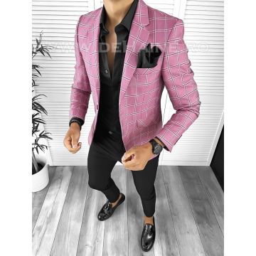 Sacou barbati slim fit roz in carouri B8318 70-4