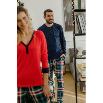 Pijama din bumbac cu fenta cu nasturi Tartan