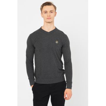 Pulover tricotat fin cu decolteu in V Blu