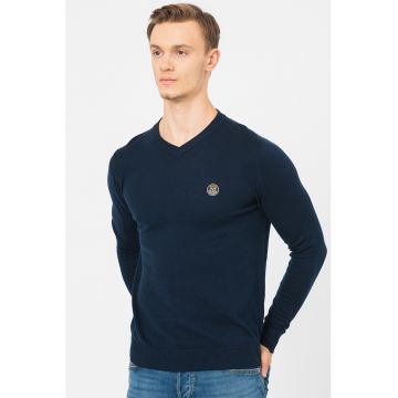 Pulover tricotat fin cu decolteu in V Blu