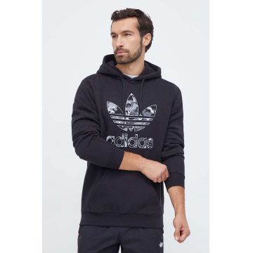 adidas Originals bluza barbati, culoarea negru, cu glugă, cu imprimeu