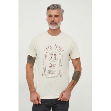 Pepe Jeans tricou din bumbac barbati, culoarea bej, cu imprimeu