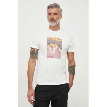 Pepe Jeans tricou din bumbac barbati, culoarea bej, cu imprimeu