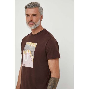 Pepe Jeans tricou din bumbac barbati, culoarea maro, cu imprimeu