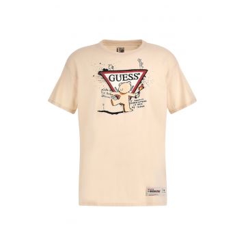 Tricou cu imprimeu logo si decolteu la baza gatului - Crem