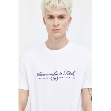 Abercrombie & Fitch tricou din bumbac barbati, culoarea alb, cu imprimeu