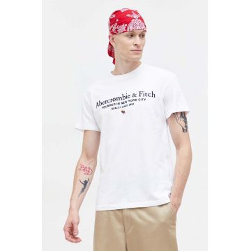 Abercrombie & Fitch tricou din bumbac barbati, culoarea alb, cu imprimeu