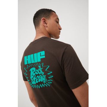 HUF tricou din bumbac culoarea maro, cu imprimeu