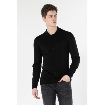 Cardigan tricotat cu guler ascutit - Negru