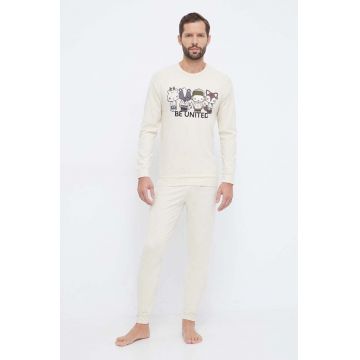 United Colors of Benetton pijama barbati, culoarea bej, cu imprimeu