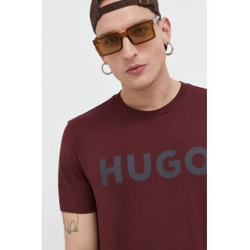 HUGO tricou din bumbac culoarea bordo, cu imprimeu
