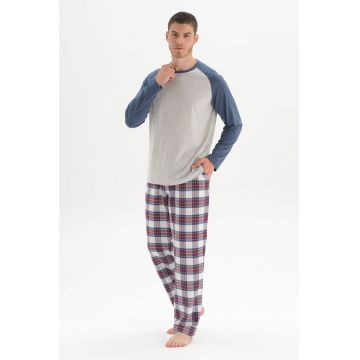 Pijama cu pantaloni lungi - maneci raglan si model in carori