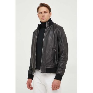 Michael Kors geaca bomber de piele barbati, culoarea negru, de tranzitie