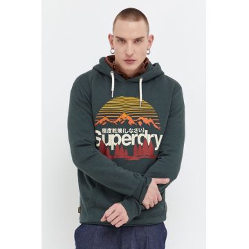Superdry bluza barbati, culoarea verde, cu glugă, cu imprimeu