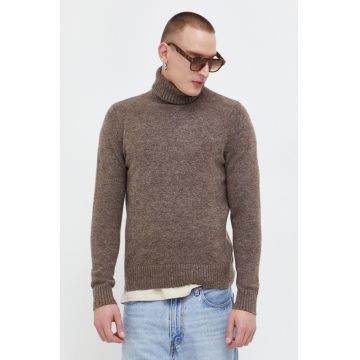 Superdry pulover din amestec de lana barbati, culoarea maro, călduros, cu guler