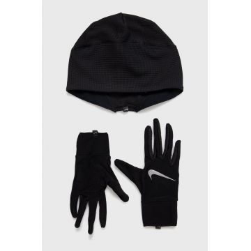 Nike Căciulă si Mănuși culoarea negru, din tesatura neteda Nike Căciulă si Mănuși culoarea negru, din tesatura neteda