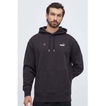 Puma hanorac de bumbac barbati, culoarea negru, cu glugă, cu imprimeu