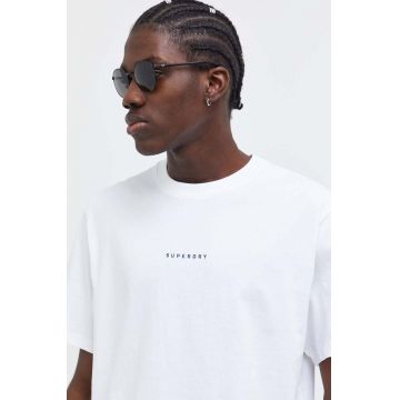 Superdry tricou din bumbac barbati, culoarea alb, cu imprimeu