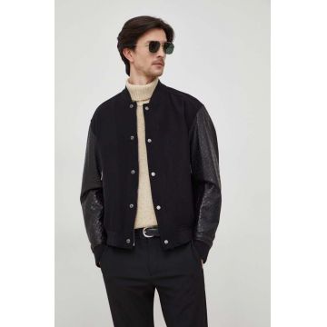 BOSS geaca bomber barbati, culoarea negru, de tranzitie