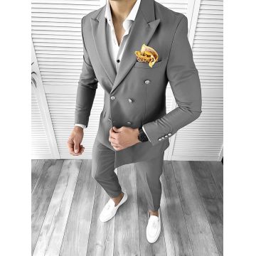 Costum barbati gri slim fit in sacou + pantaloni 11715 P19-5.3