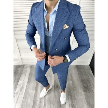 Costum barbati albastru slim fit in sacou + pantaloni 11736 P19-5.1