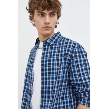 Tommy Jeans cămașă din bumbac bărbați, culoarea bleumarin, cu guler clasic, regular DM0DM18470