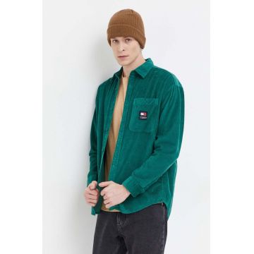 Tommy Jeans camasa din velur culoarea verde, cu guler clasic, relaxed