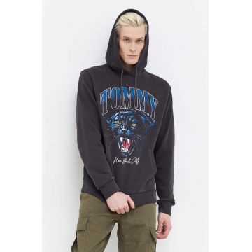 Tommy Jeans hanorac de bumbac barbati, culoarea negru, cu glugă, cu imprimeu