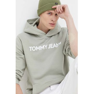 Tommy Jeans hanorac de bumbac barbati, culoarea verde, cu glugă, cu imprimeu