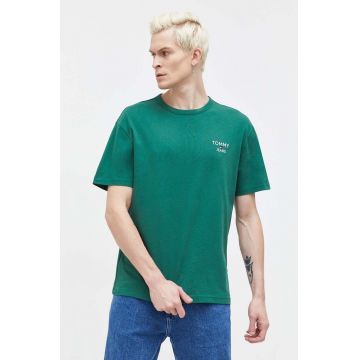 Tommy Jeans tricou din bumbac barbati, culoarea verde, cu imprimeu