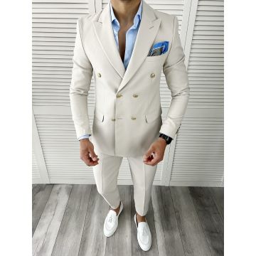 Costum barbati bej slim fit in sacou + pantaloni 11740 P18-4.1