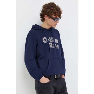 G-Star Raw hanorac de bumbac barbati, culoarea albastru marin, cu glugă, cu imprimeu