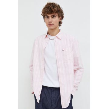 Tommy Jeans camasa din bumbac barbati, culoarea roz, cu guler clasic, regular