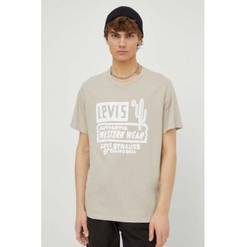 Levi's tricou din bumbac barbati, culoarea bej, cu imprimeu