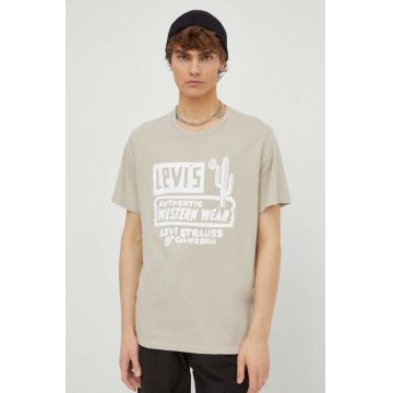 Levi's tricou barbati, culoarea bej, cu imprimeu