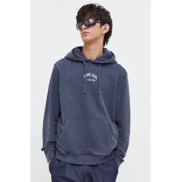 Tommy Jeans hanorac de bumbac barbati, culoarea albastru marin, cu glugă, cu imprimeu