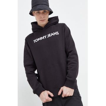 Tommy Jeans hanorac de bumbac barbati, culoarea negru, cu glugă, cu imprimeu