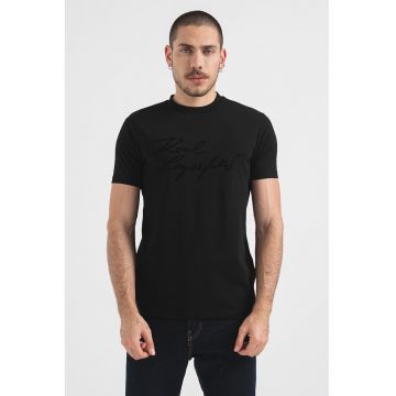 Tricou cu imprimeu logo si decolteu la baza gatului - Negru