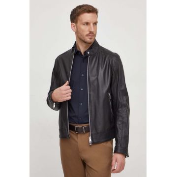 BOSS geaca de piele barbati, culoarea negru, de tranzitie